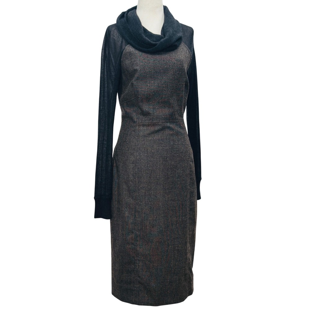 Lela Rose Wool Cashmere Sheath Dress Sz 10 Gray Tweed Cowl Neck USA Quiet Luxury